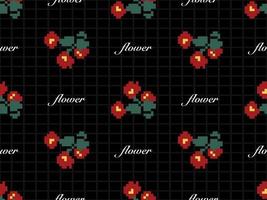 Flower cartoon character seamless pattern on black background. Pixel style vector