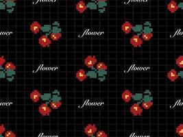 Flower cartoon character seamless pattern on black background. Pixel style vector