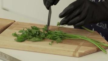 salada de verduras frescas, salsa e endro na mesa da cozinha. video