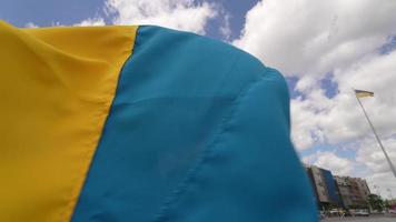 Young woman holds and waves flag of Ukraine in downtown Kyiv video