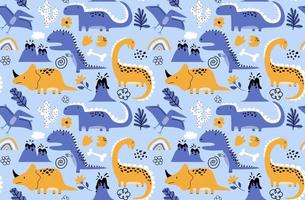 Childish seamless pattern with hand drawn dino in scandinavian style. vector