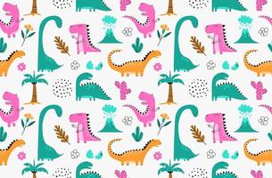 Childish seamless pattern with hand drawn dino in scandinavian style. vector