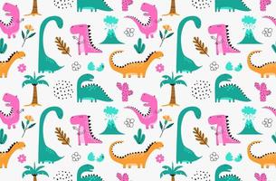 Childish seamless pattern with hand drawn dino in scandinavian style. vector