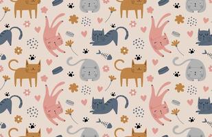 Seamless pattern with different funny cats. vector