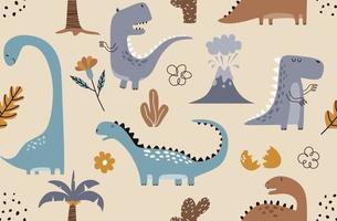 Childish seamless pattern with hand drawn dino in scandinavian style. vector