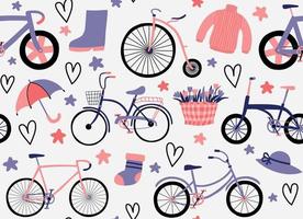hipster garabatos coloridos patrones sin fisuras con dibujo de bicicleta vector
