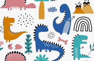 Childish seamless pattern with hand drawn dino in scandinavian style. vector