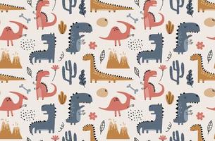 Childish seamless pattern with hand drawn dino in scandinavian style. vector