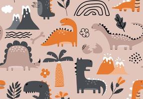 Childish seamless pattern with hand drawn dino in scandinavian style. vector