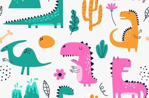 Childish seamless pattern with hand drawn dino in scandinavian style. vector