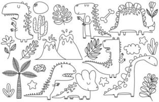 doodle of Cute dinosaurs and tropic plants.  Funny cartoon dino set. Hand drawn vector doodle set for kids