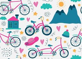 Hipster Doodles Colorful Seamless Pattern with bicycle drawing vector