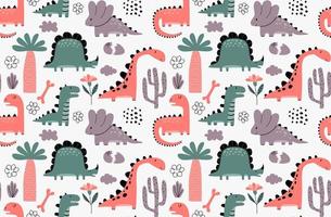 Childish seamless pattern with hand drawn dino in scandinavian style. vector