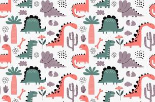 Childish seamless pattern with hand drawn dino in scandinavian style. vector