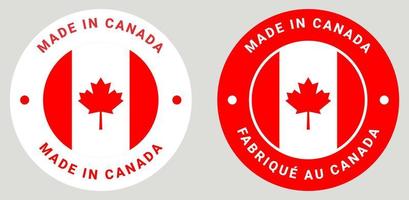 Made in Canada. Fabrique au Canada in French symbol. Canadian quality emblem, label, sign with red maple leaf. Canadian symbol with flags. vector