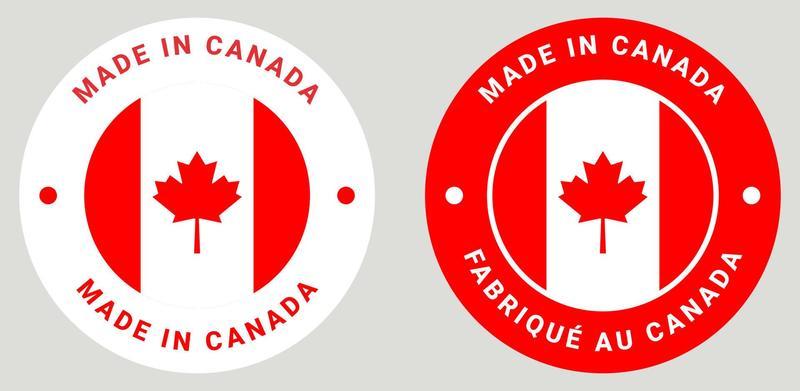 Made in Canada. Fabrique au Canada in French symbol. Canadian quality emblem, label, sign with red maple leaf. Canadian symbol with flags.