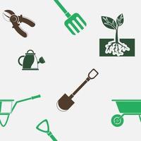 vector editable de iconos de ilustración de equipos de jardinería de estilo plano en varios colores monocromáticos como un patrón sin costuras para crear un fondo de jardinería y fines relacionados con la agricultura