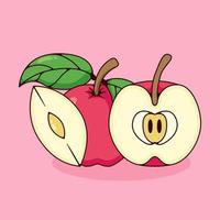 conjunto de manzana roja y manzana en rodajas con ilustración de estilo de dibujos animados vector