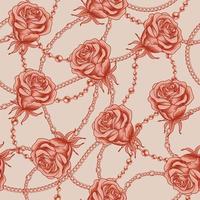 Monochrome seamless pattern with pale red engraved roses, metal chains, dollar sign, rhinestones on beige background. Vector illustration.