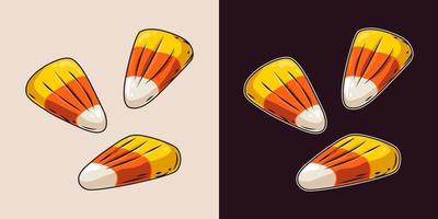 Set of 3 candy corns in vintage style. Traditional halloween sweets. Vector illustration isolated on a dark and white background.