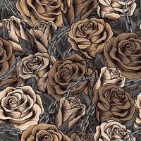 Camouflage pattern with lush blooming brown roses, gray leaves, stainless chains. Dense composition with overlapping elements. Good for female apparel, fabric, textile, sport goods. vector