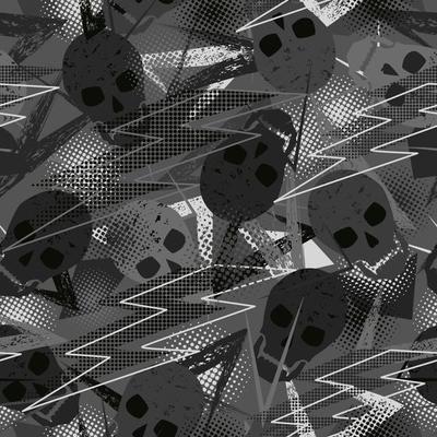 Seamless pattern with skulls, grunge paint brush stroke, lightning, dotted halftone shapes. Gray camouflage colors for apparel, fabric, textile, sport goods. Modern grunge texture.