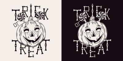 Halloween monochrome vintage emblem with candy, pumpkin head stylized as human freckled kids face. Traditional text Trick or Trick. Letters made of bones. Isolated vector illustration