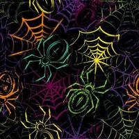 Seamless pattern in grunge style with spiders, spiderweb, paint brush strokes. Bright decoration for Halloween holiday. Dense random chaotic composition. vector