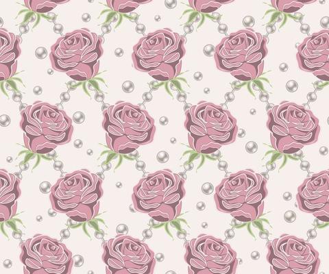 Seamless pattern with pale pink vintage roses, pearl strings, pearls beads in rhombic grid on white background. Vector illustration.