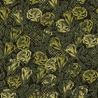 Camouflage green pattern with lush blooming roses with stems, leaves, round halftone shapes. Dense composition with overlapping elements. Good for womans apparel, fabric, textile, sport goods. vector