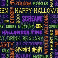Seamless halloween text pattern with slogans, quotes. phrases, common holiday words. Spiderweb behind in grunge style. Various grunge fonts. Funny bright background for textile, fabric, surface design vector