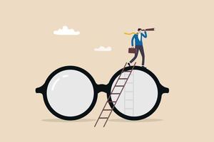 Clear business vision, clarity or transparency, discover way to success or looking for business opportunity, precision or accuracy concept, businessman climb up big eyeglasses see vision on telescope. vector