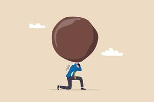Work responsibility, pressure or problem, debt burden or difficulty challenge, struggle, or overworked, effort or punishment concept, tired businessman carry heavy weight rock boulder in atlas pose. vector