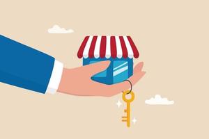 Small business key to success, open new shop, start new business or company, entrepreneur or SME, growing or increase product sale concept, businessman hand hold small business shop with golden key. vector