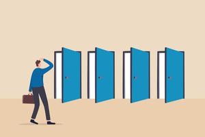 Choosing choices, make decision for career opportunity, alternative pathway, decide for new job or select important chance, right or wrong decision concept, businessman think to choose the right door. vector