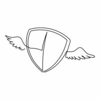 Continuous one line drawing cute flying shield with wings. Modern professional sketch wings shield template logo design. Winged shield simple mascot style. Single line draw vector graphic illustration