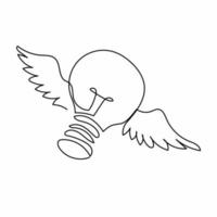 Single continuous line drawing flying light bulb with wings. Imagination, inspiration, fantasy icon. Knowhow sign. New business idea. Invention logo. One line draw graphic design vector illustration