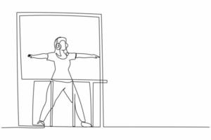 Continuous one line drawing healthy young woman with headphone practices yoga near window in balcony. Sports activity, workout, exercise, fitness, indoors. Single line draw design vector illustration