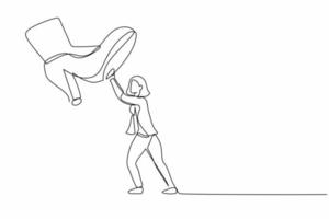 Continuous one line drawing brave businesswoman against giant shoes stomping. Female employee push against giant foot step. Minimalist metaphor concept. Single line design vector graphic illustration