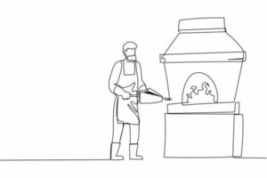 Continuous one line drawing bearded blacksmith standing wearing apron, pumping forge bellows. Craftsman at work furnace oven in metalwork workshop. Single line draw design vector graphic illustration