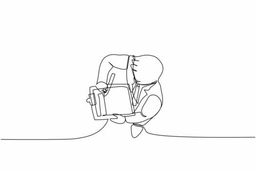 Single one line drawing top view businessman writes completed checklist on clipboard. Successful completion of tasks. Effective daily planning. Continuous line draw design graphic vector illustration
