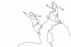 Single continuous line drawing aggressive Arabian businesswoman kick business partner fall off cliff. Dishonesty, betrayal, jealousy, competitor, cheating. One line graphic design vector illustration