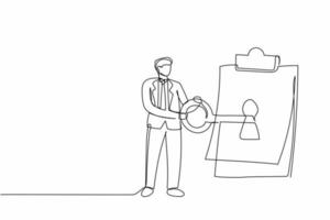 Single one line drawing businessman putting big key into clipboard. Smart digital contract for security protection privacy with paper clipboard. Continuous line draw design graphic vector illustration