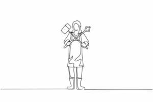 Single continuous line drawing cute female blacksmith standing wearing apron holding hammer and tongs crossed. Craftswoman work at metalwork workshop. One line draw graphic design vector illustration