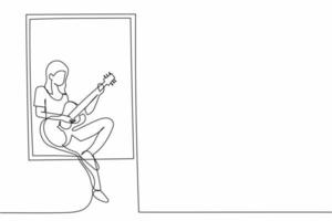 Single continuous line drawing young woman sitting on windowsill and playing acoustic guitar. Rest, stay at home, melancholic, relaxation, comfort, romantic. One line draw design vector illustration