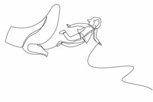 Single one line drawing businesswoman getting fired, flying through air after being kicked in the back. Minimalism metaphor concept. Modern continuous line draw design graphic vector illustration