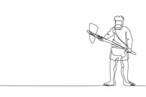 Single one line drawing primitive archaic man wearing clothes made of animal skin and holding big stone axe. Caveman, warrior or hunter from stone age. Continuous line draw design graphic illustration vector