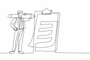 Continuous one line drawing positive businessman with giant pencil on shoulder nearby marked checklist clipboard paper. Successful completion of business tasks. Single line design vector illustration