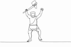 Single one line drawing caveman holding and raised stone axe overhead. Prehistoric man hunter with weapon. Ancient man hunting animal for food. Continuous line draw design graphic vector illustration