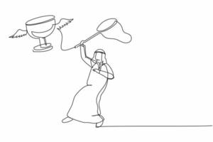 Continuous one line drawing Arab businessman try to catching flying trophy with butterfly net. Failed to win a business project. Business metaphor. Single line draw design vector graphic illustration